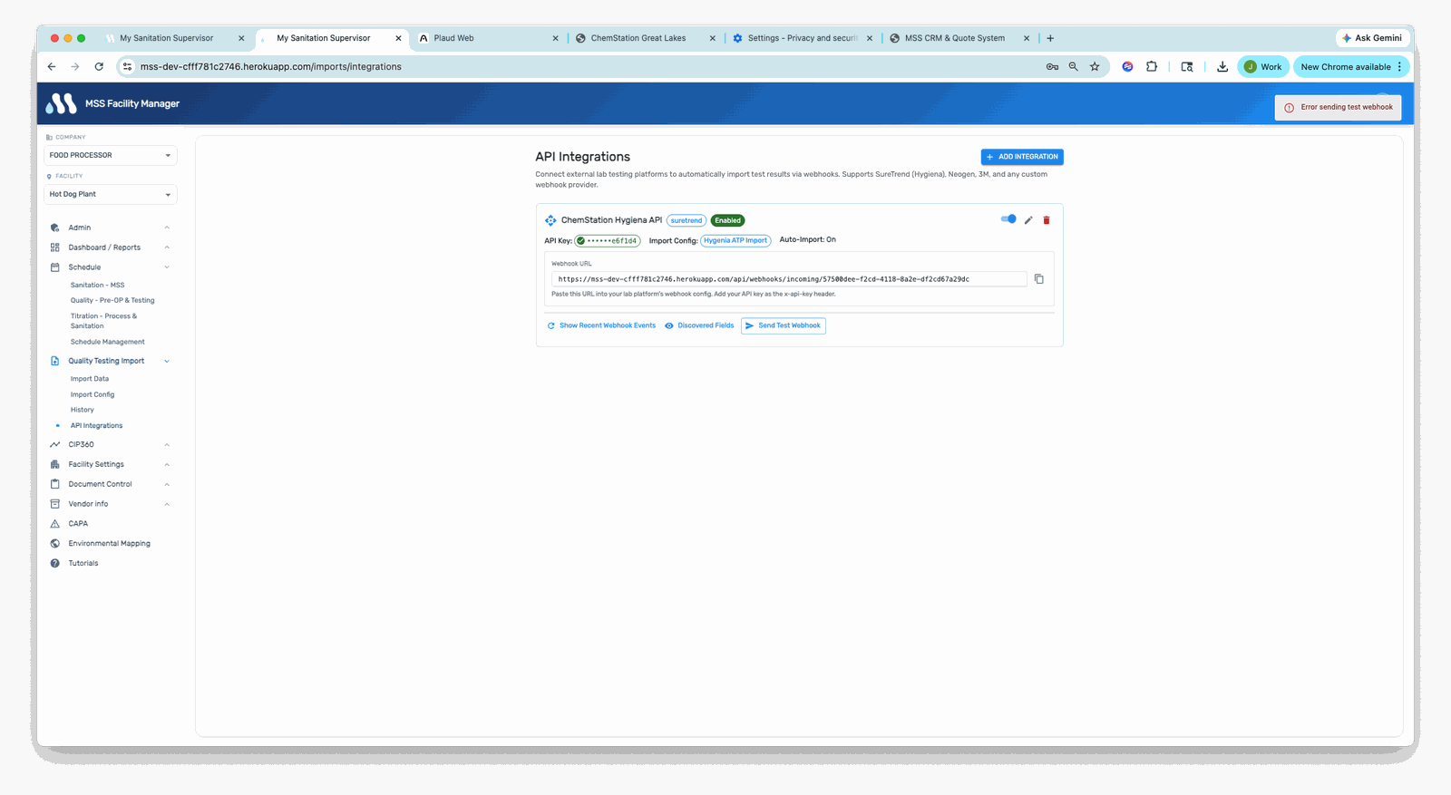 MSS API integrations with ChemStation Hygiene and third-party tools to automatically import ATP and lab results