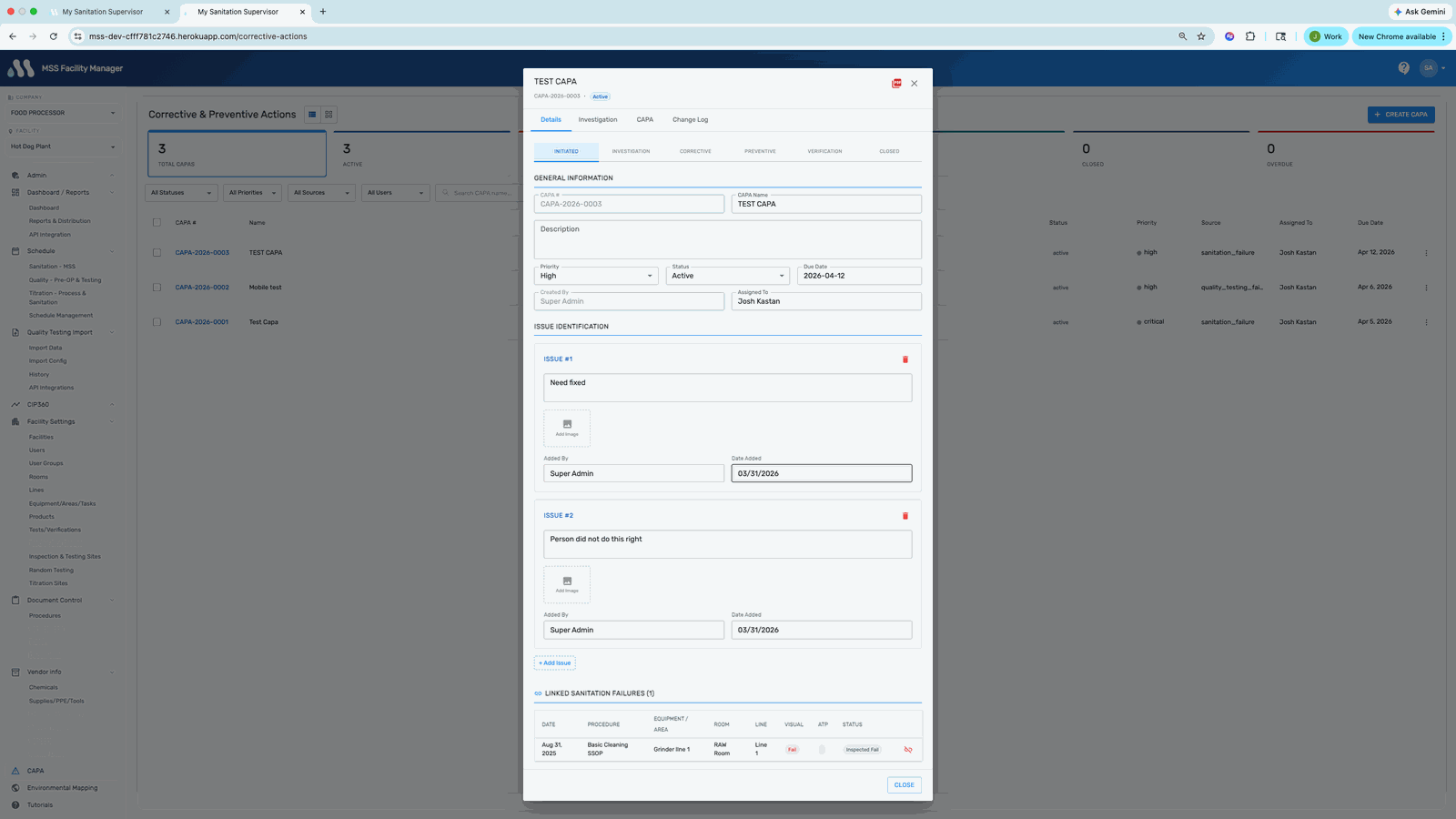MSS CAPA workflow with corrective and preventive action tracking, root cause analysis, and photo evidence