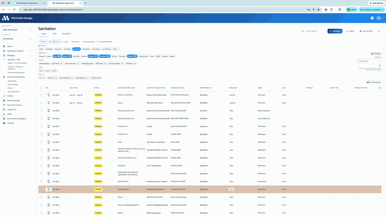 Master sanitation schedule in MSS Gantt view with drag-and-drop frequency management for food plants