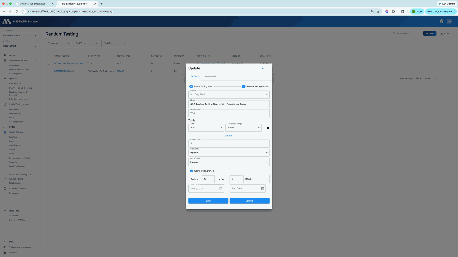 Random ATP testing configuration in MSS with custom frequencies and Zone 1–4 parameter setup for environmental monitoring